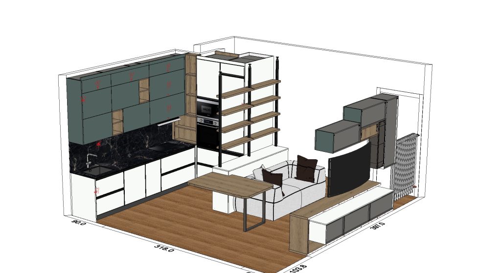 Rendering 3D quotato di una cucina con pensili verdi, schienale in marmo nero e zona living
